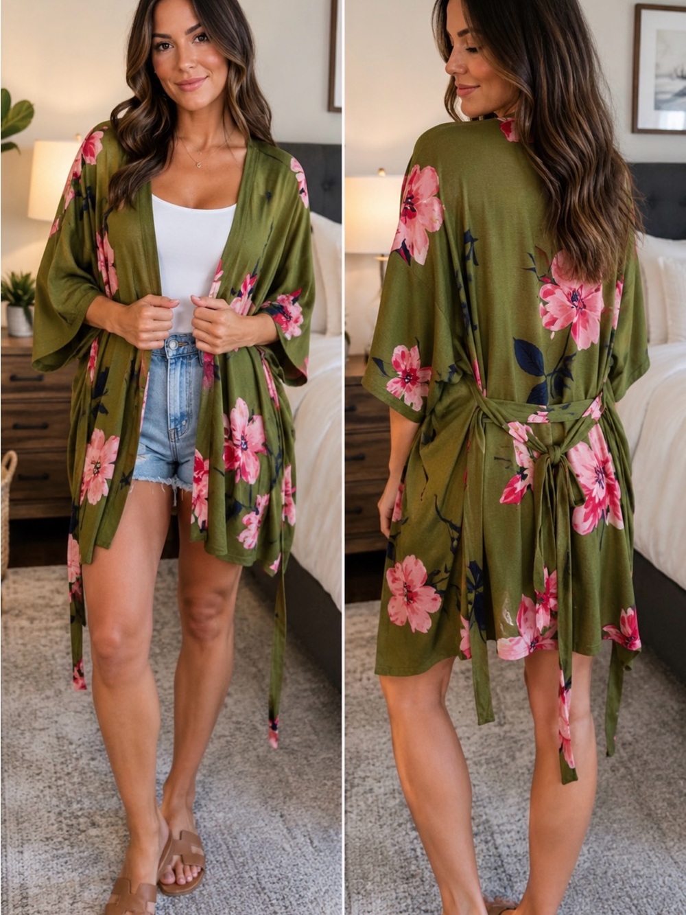 Savannah Olive Green Floral Wrap with Pink Accents kimono Small NWT oversized